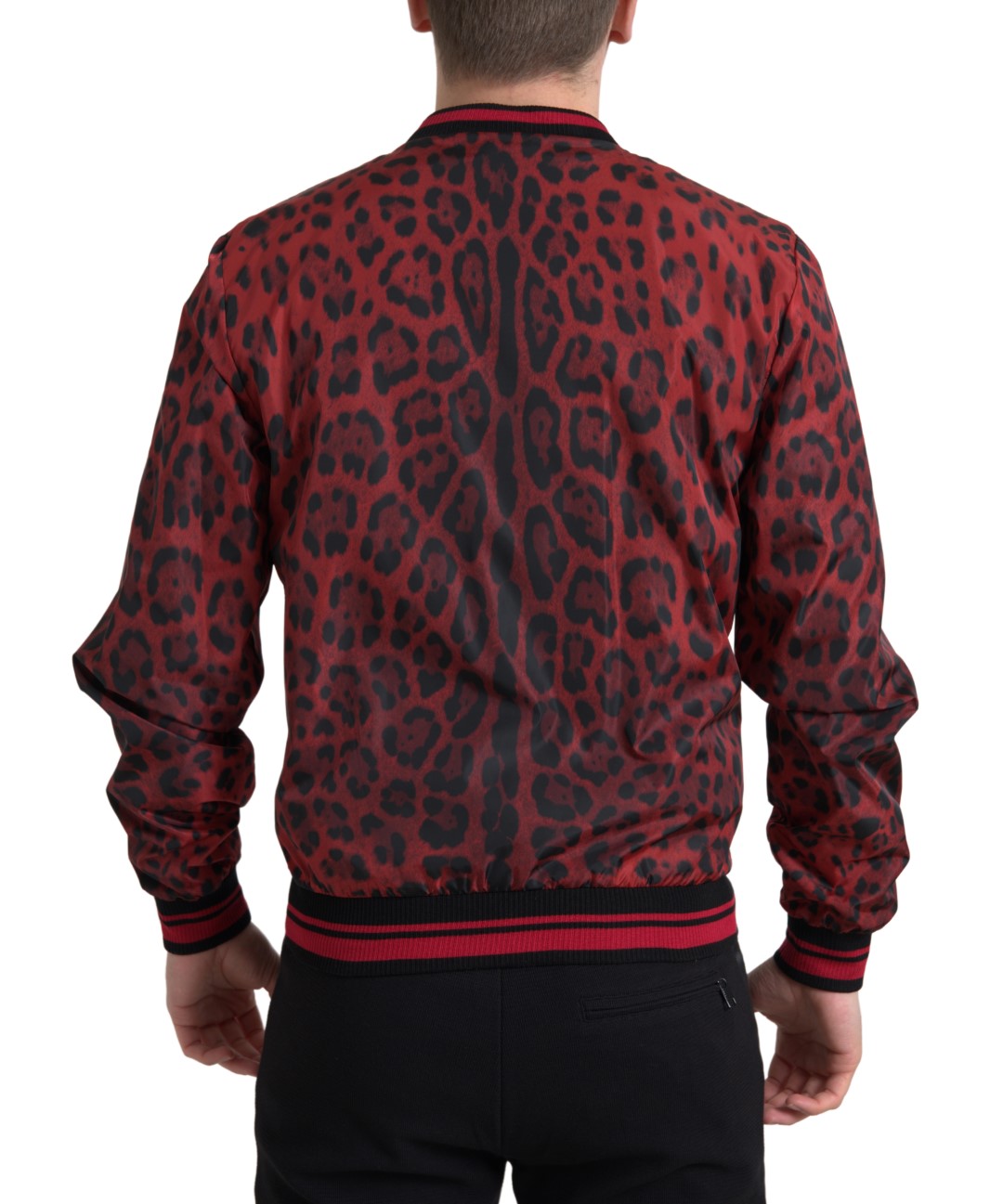 Red leopard print bomber short coat jacket by Dolce & Gabbana, featuring a stylish, lightweight design with bold pattern details.