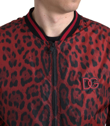 Red leopard print Dolce & Gabbana bomber short coat jacket with a stylish design, featuring a bold pattern and classic fit.