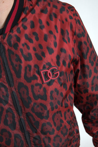Red leopard print Dolce & Gabbana bomber short coat jacket with a fitted silhouette and plush fabric.