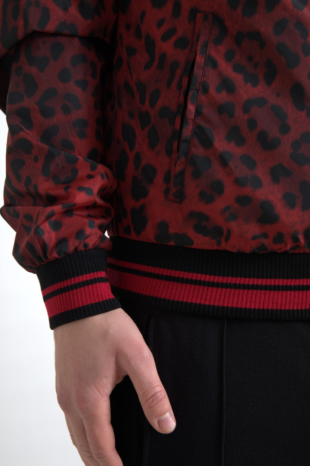 Red leopard print bomber short coat jacket by Dolce & Gabbana, featuring a stylish, lightweight design with bold pattern.