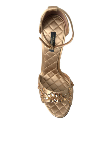 Gold satin ankle strap crystal sandals by Dolce & Gabbana featuring elegant design and sparkling embellishments.