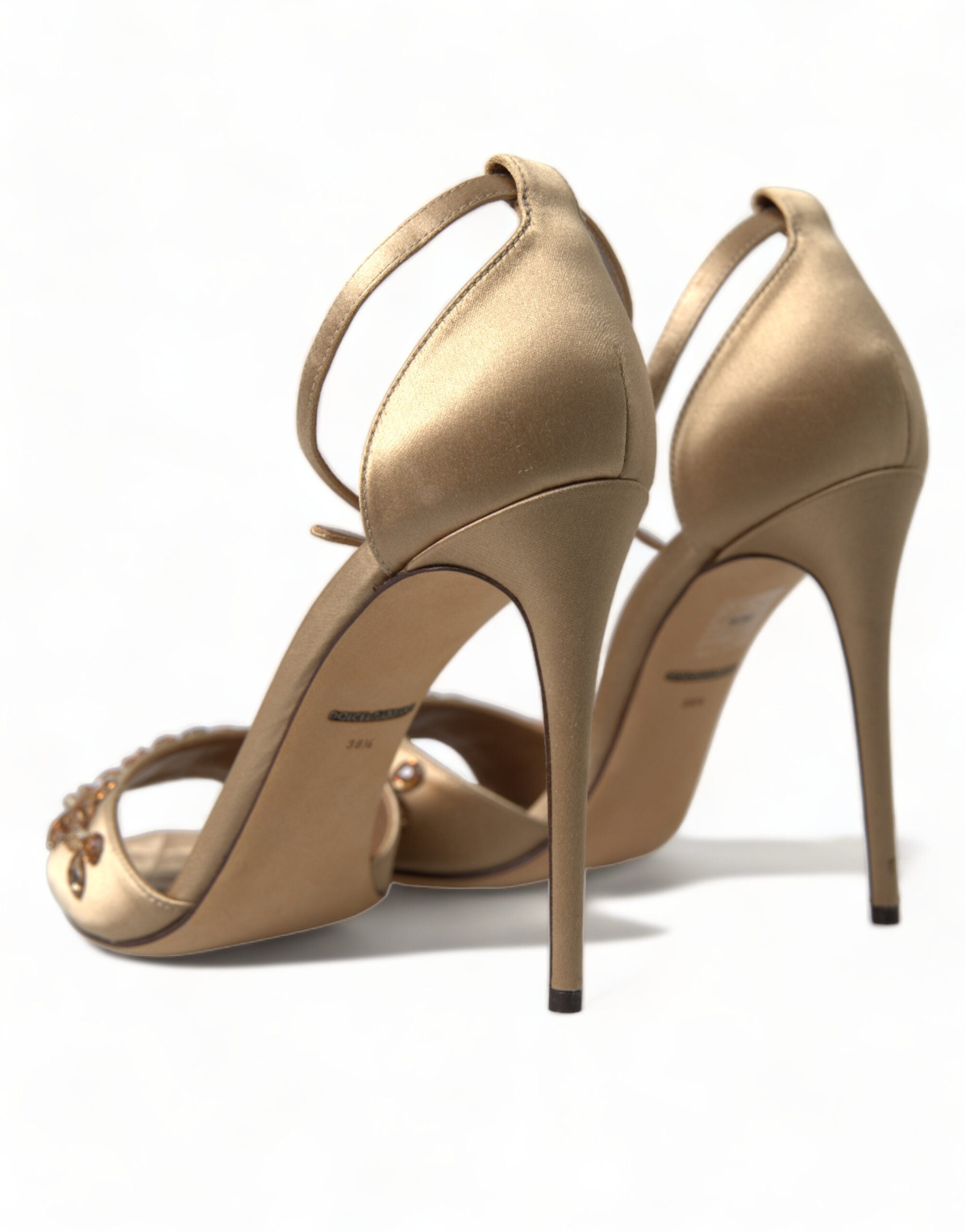 Gold satin ankle strap crystal sandals by Dolce & Gabbana featuring elegant design and sparkling embellishments.