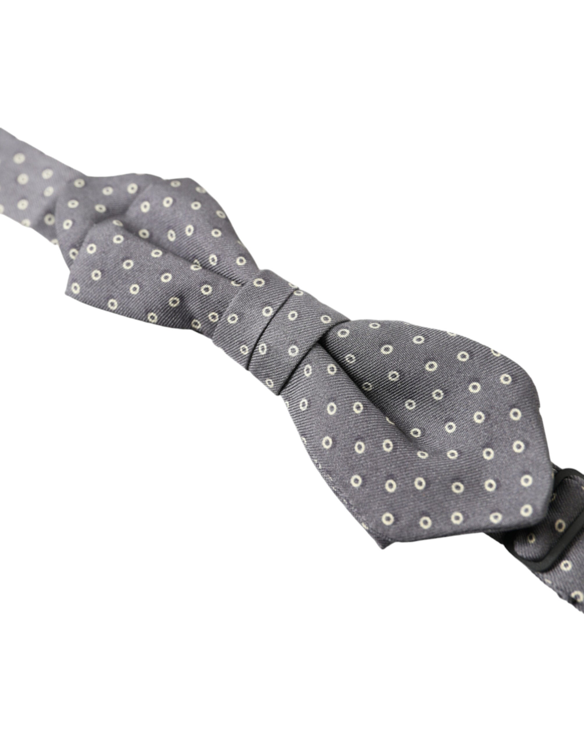 Gray polka dot silk adjustable bow tie with papillon style, by Dolce & Gabbana, featuring a classic elegant design.