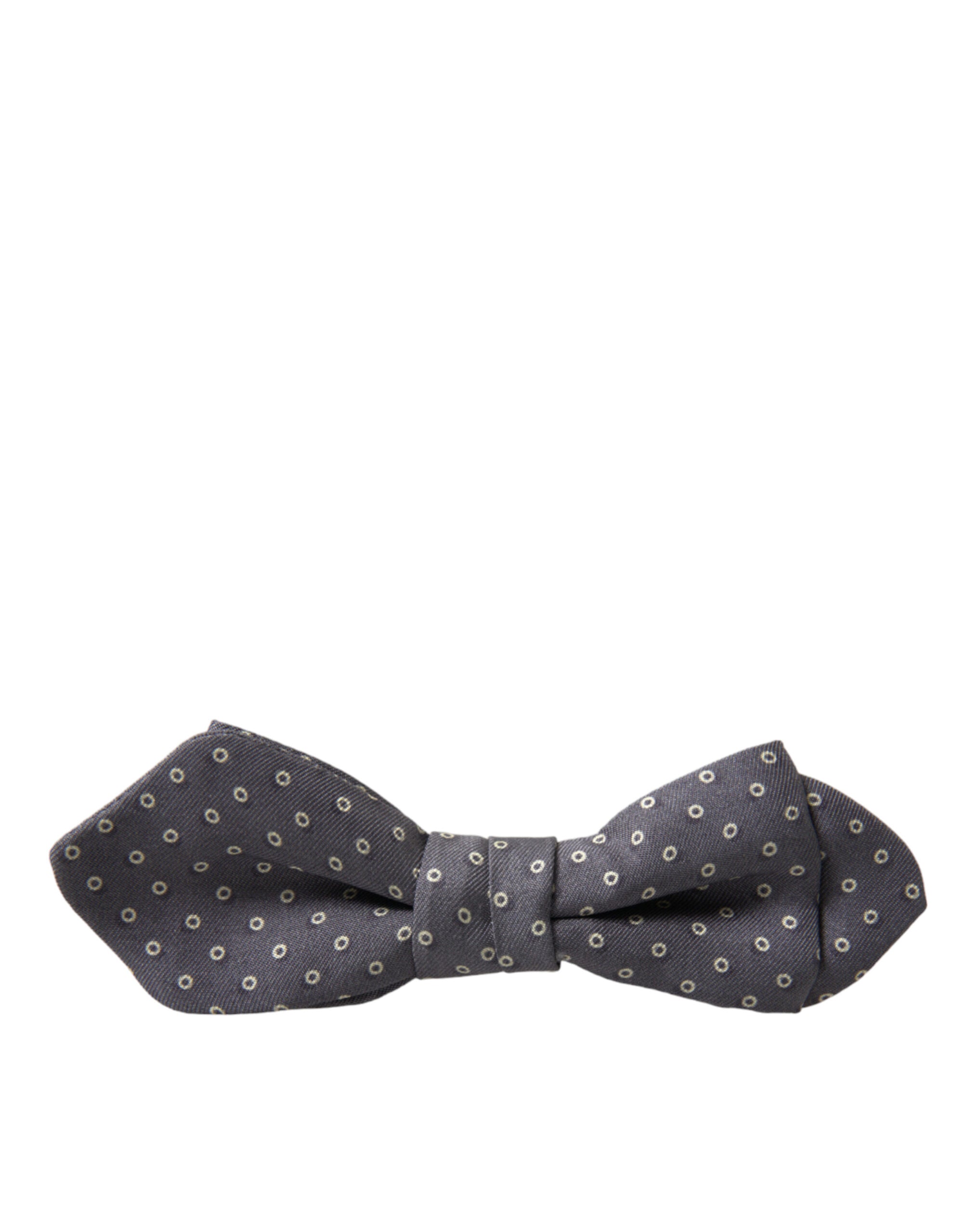 Gray polka dots silk adjustable bow tie with a papillon design by Dolce & Gabbana, shown on a neutral background.