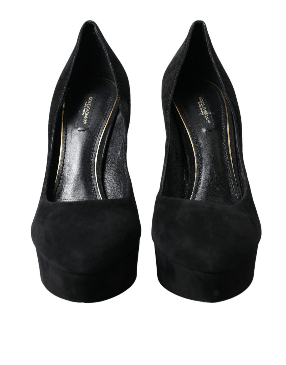 Black suede leather platform heel pumps by Dolce & Gabbana, showcasing stylish high-heeled shoes with sleek design.