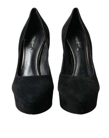 Black suede leather platform heel pumps by Dolce & Gabbana, showcasing stylish high-heeled shoes with sleek design.
