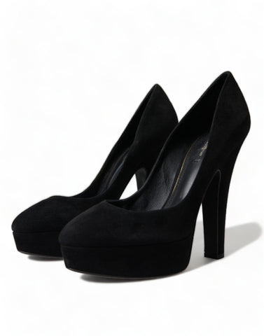 Black suede leather platform heel pumps by Dolce & Gabbana with stiletto heels and sleek design.