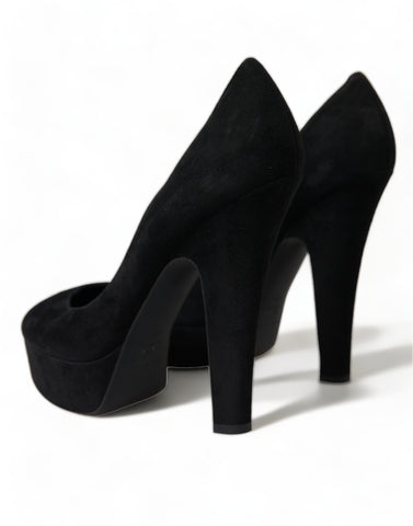 Black suede leather platform heel pumps shoes by Dolce & Gabbana with high stiletto heel and sleek design.
