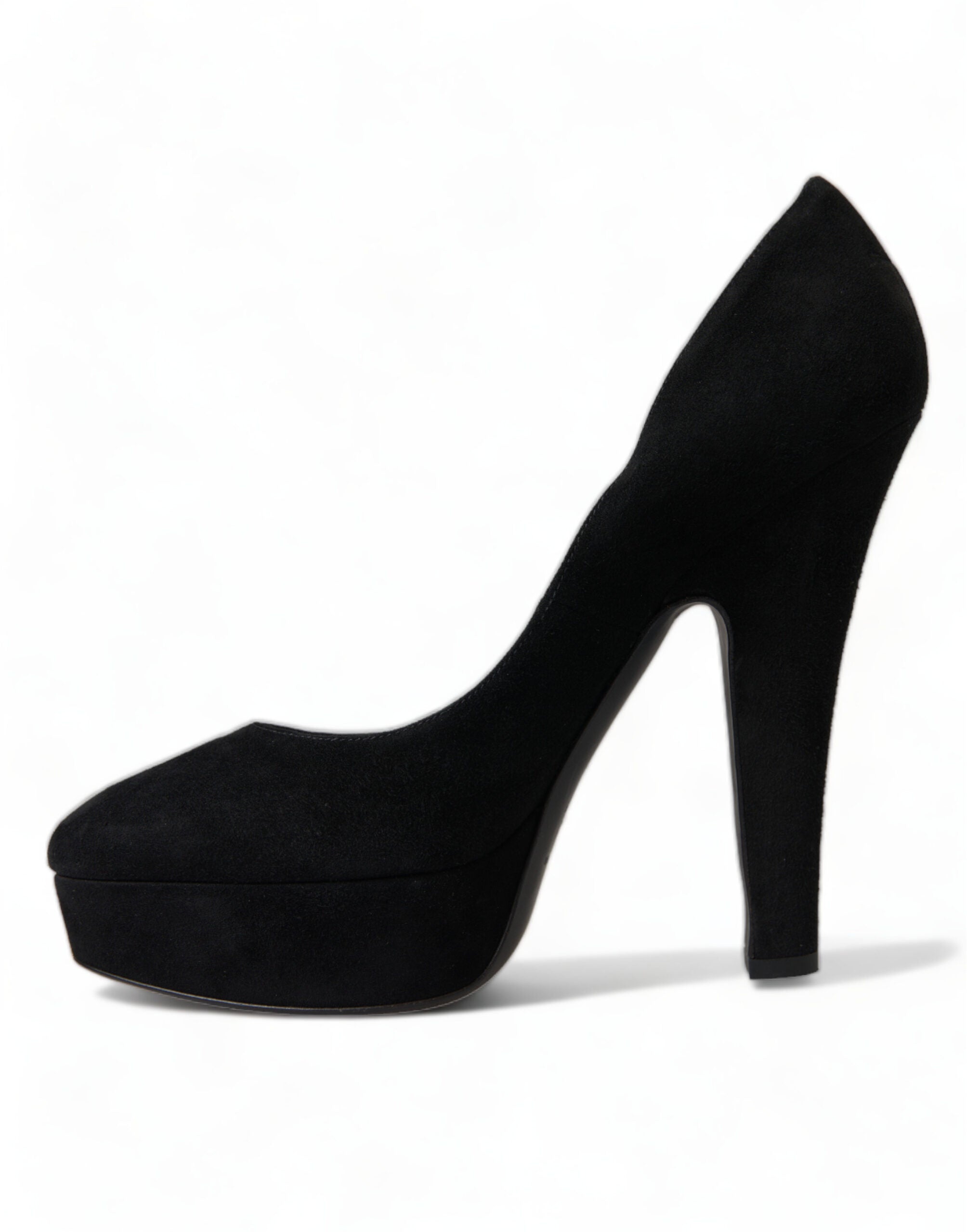Dolce & Gabbana black suede leather platform heel pumps with pointed toe and stiletto heel, stylish women's footwear.