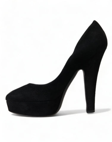 Dolce & Gabbana black suede leather platform heel pumps with pointed toe and stiletto heel, stylish women's footwear.
