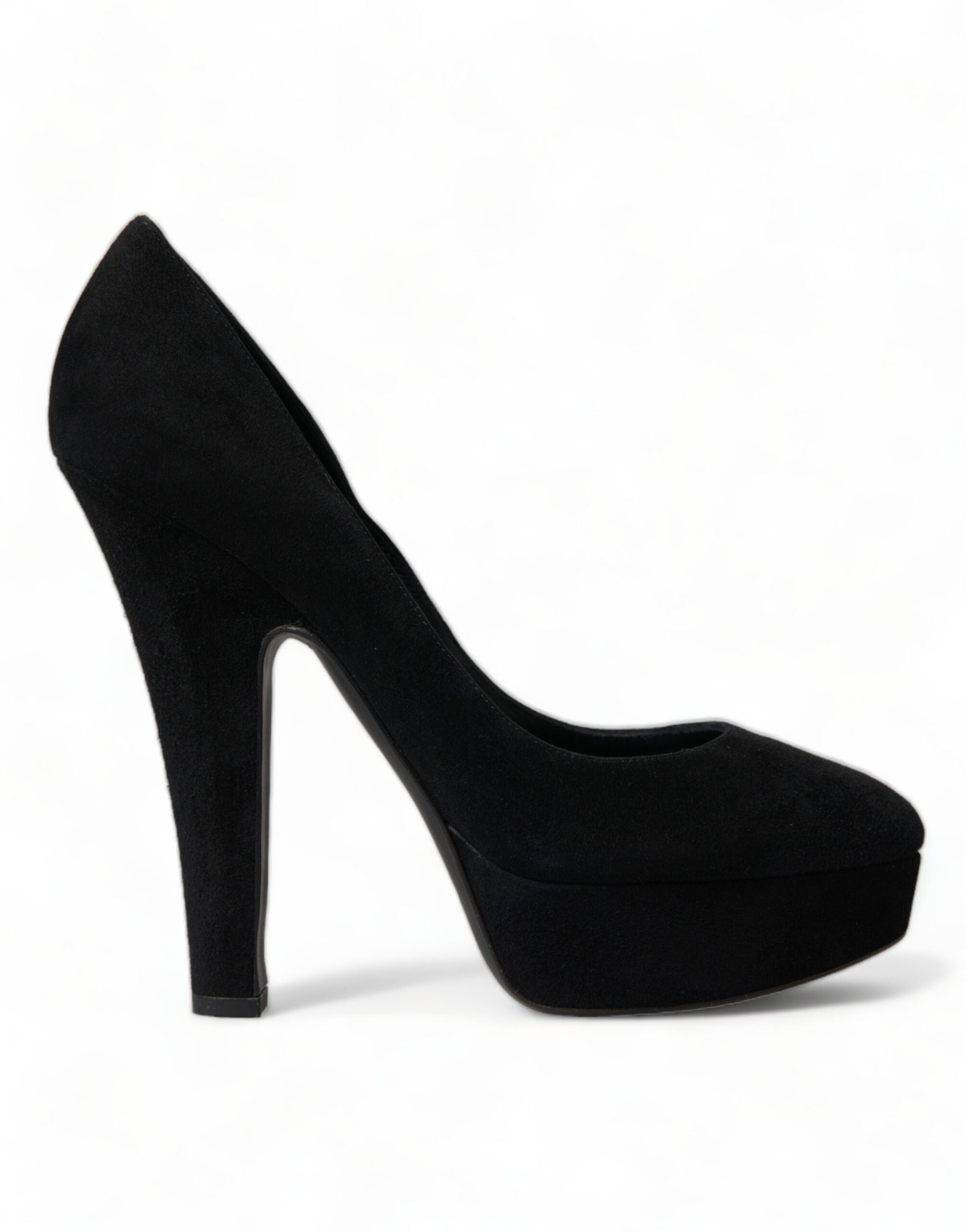 Black suede leather platform heel pumps by Dolce & Gabbana, featuring a sleek design and high stiletto heel.