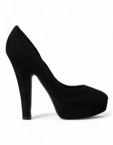 Black suede leather platform heel pumps by Dolce & Gabbana, featuring a sleek design and high stiletto heel.