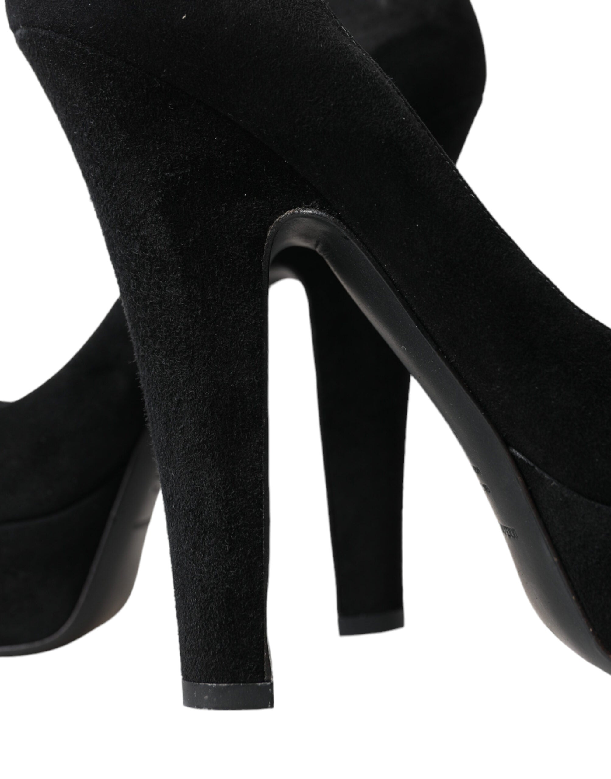 Black suede leather platform heel pumps by Dolce & Gabbana, showcasing sleek design and high stiletto heel.