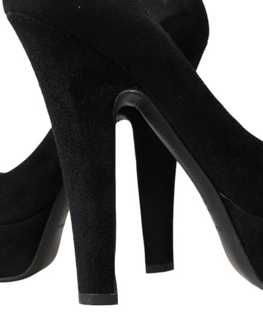 Black suede leather platform heel pumps by Dolce & Gabbana, showcasing sleek design and high stiletto heel.