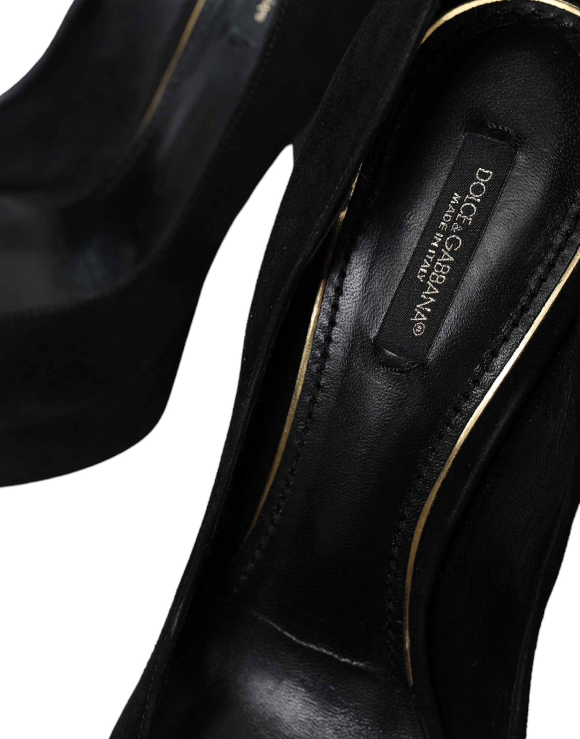 Black suede leather platform heel pumps by Dolce & Gabbana, featuring stylish high heels and elegant design.
