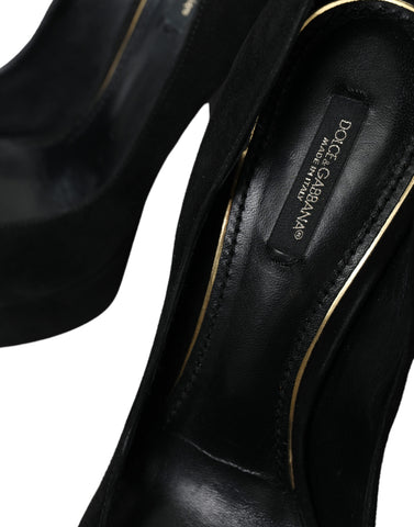 Black suede leather platform heel pumps by Dolce & Gabbana, featuring stylish high heels and elegant design.