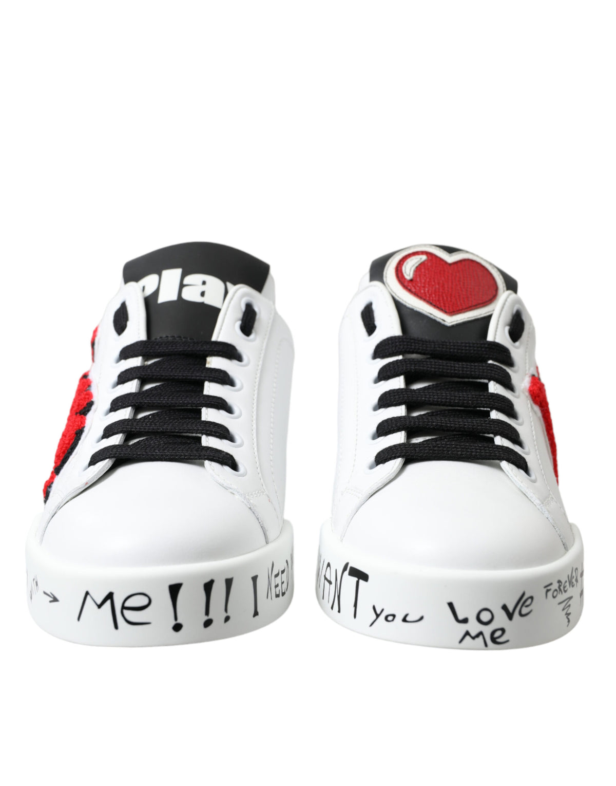 White Dolce & Gabbana Love Patch Portofino Classic Sneakers with embroidered heart patches and stylish design.