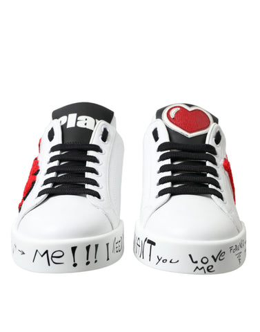 White Dolce & Gabbana Love Patch Portofino Classic Sneakers with embroidered heart patches and stylish design.