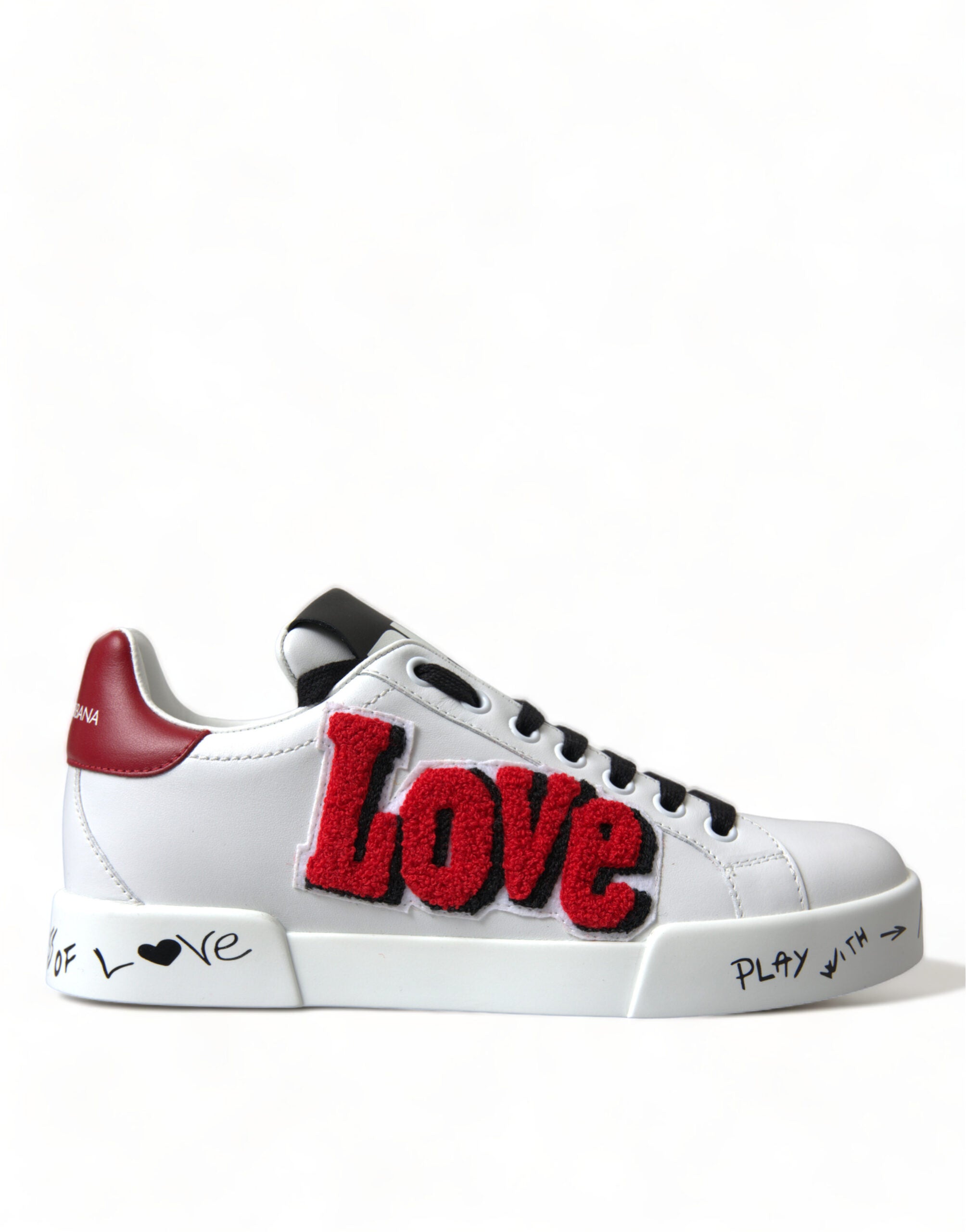 White Dolce & Gabbana Love Patch Portofino Classic Sneakers showing the stylish sneakers with love patch details.