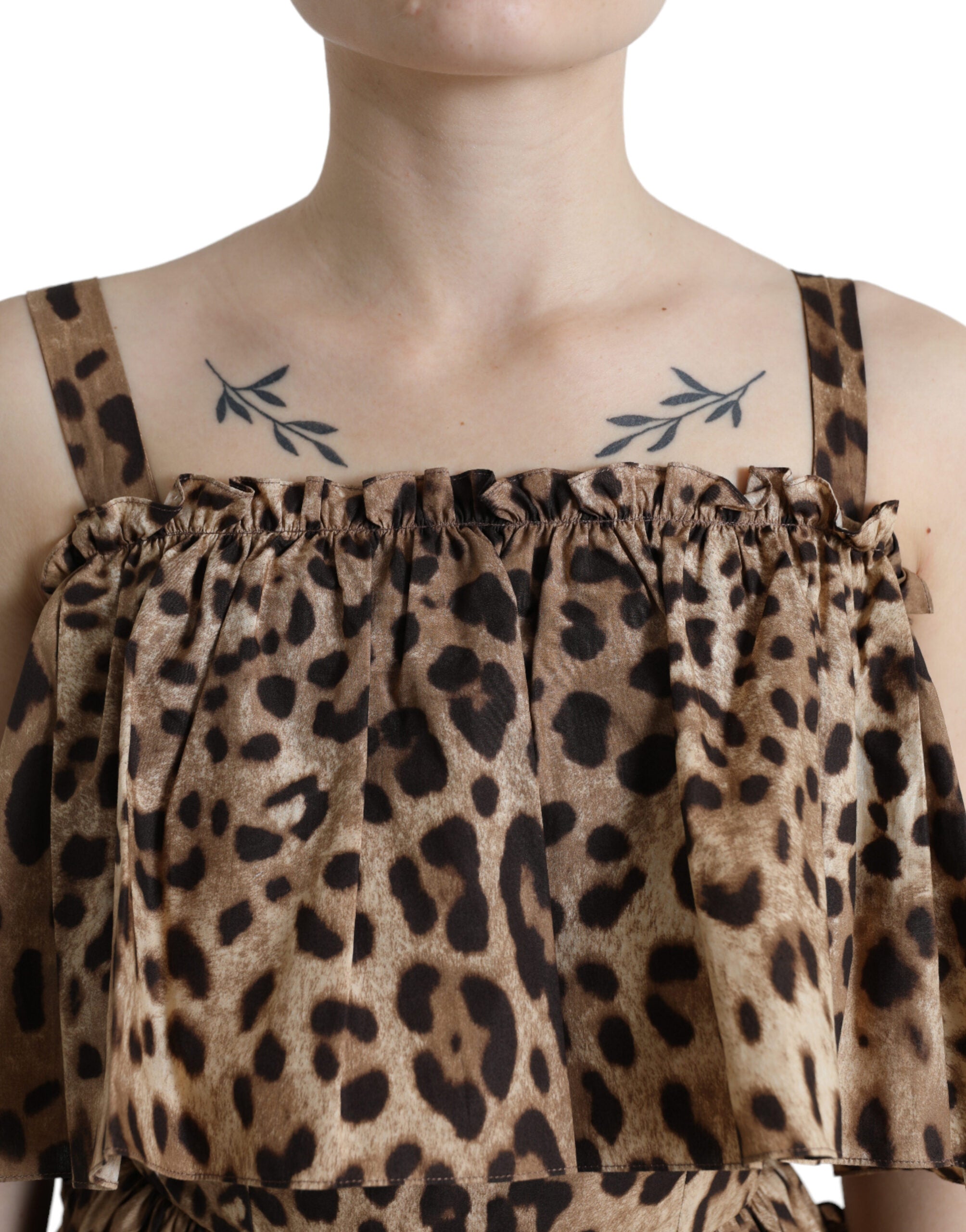 Brown leopard print sleeveless A-line dress by Dolce & Gabbana, showcasing a stylish floral pattern and fitted waist.