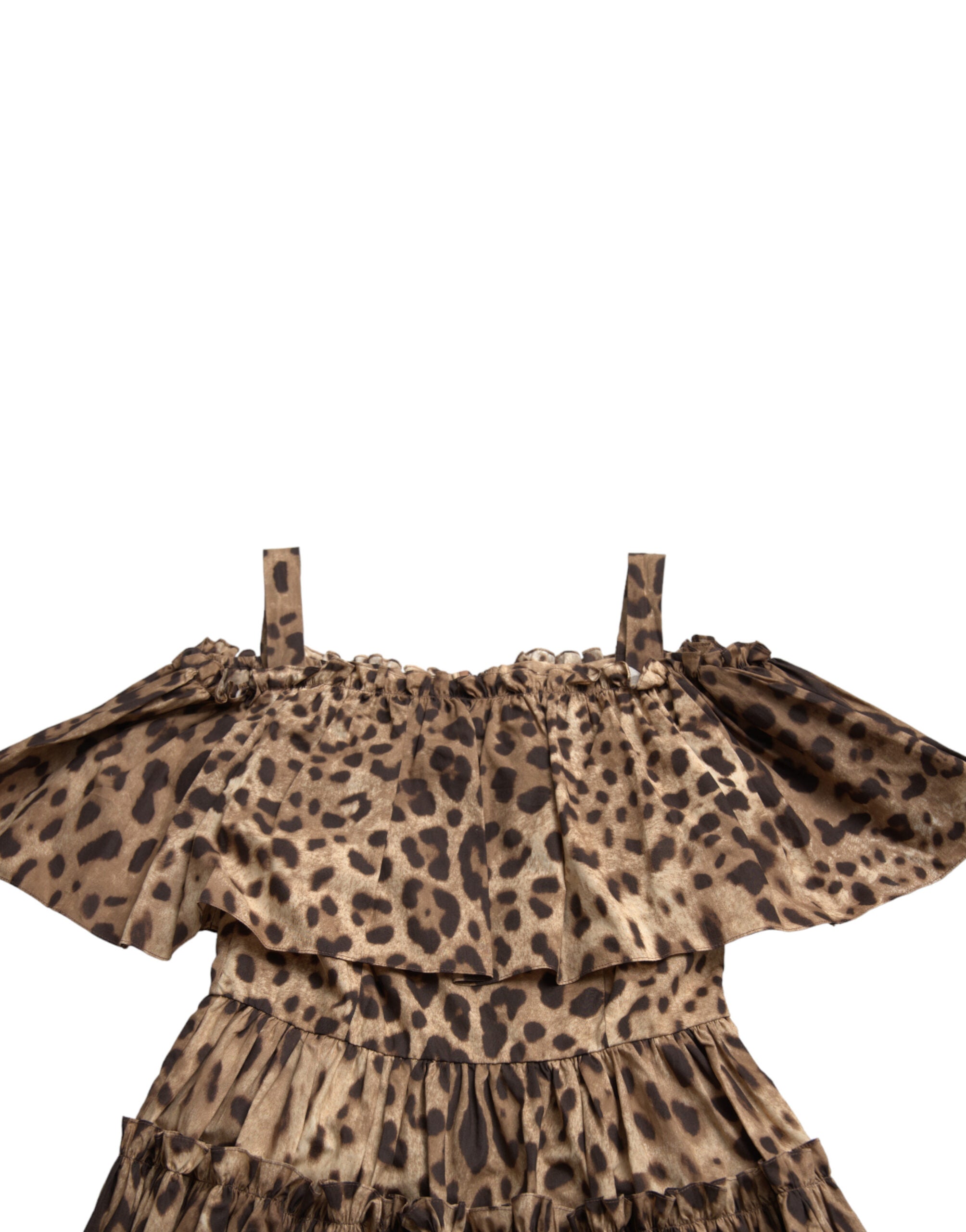 Brown leopard print sleeveless A-line dress by Dolce & Gabbana hanging on a mannequin.