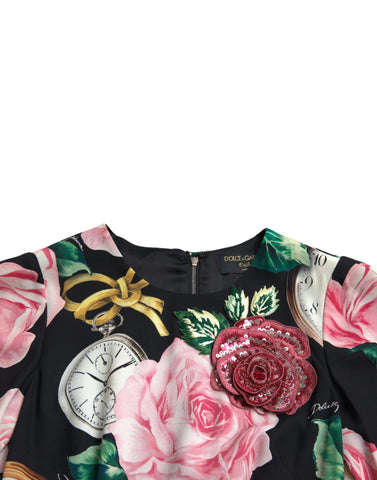 Black floral embellished lace A-line dress by Dolce & Gabbana, featuring intricate floral patterns and elegant design details.