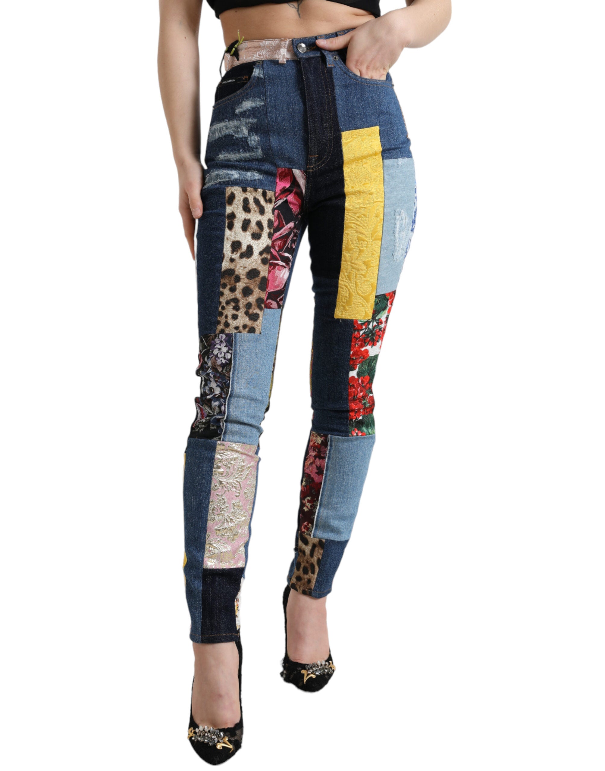 Multicolor patchwork Dolce & Gabbana Grace skinny denim jeans with vibrant, mixed fabric patches and classic five-pocket design.