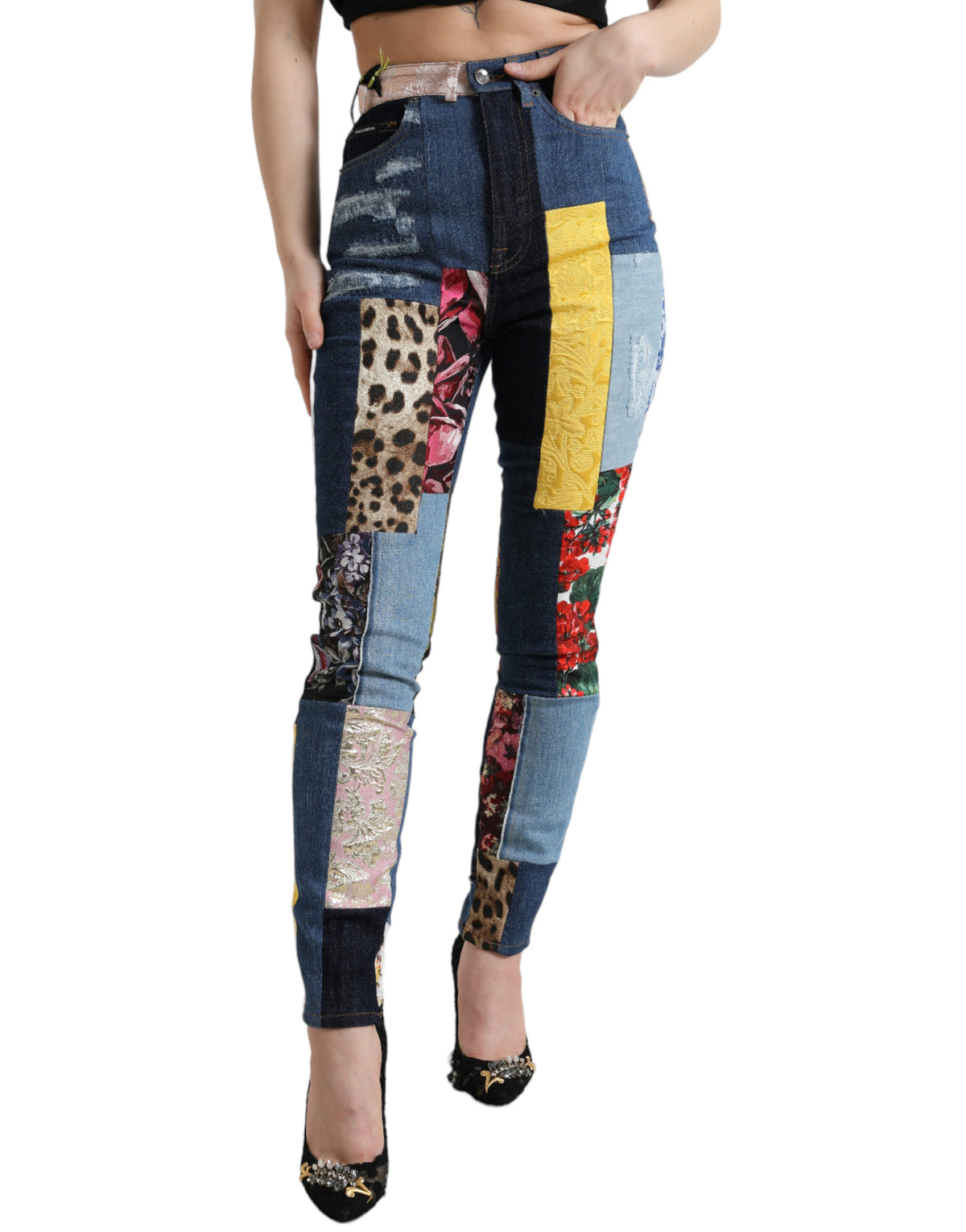 Multicolor patchwork Dolce & Gabbana Grace skinny denim jeans with vibrant, mixed fabric patches and classic five-pocket design.