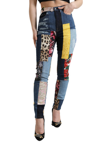 Multicolor patchwork Dolce & Gabbana Grace skinny denim jeans with vibrant, mixed fabric patches and classic five-pocket design.