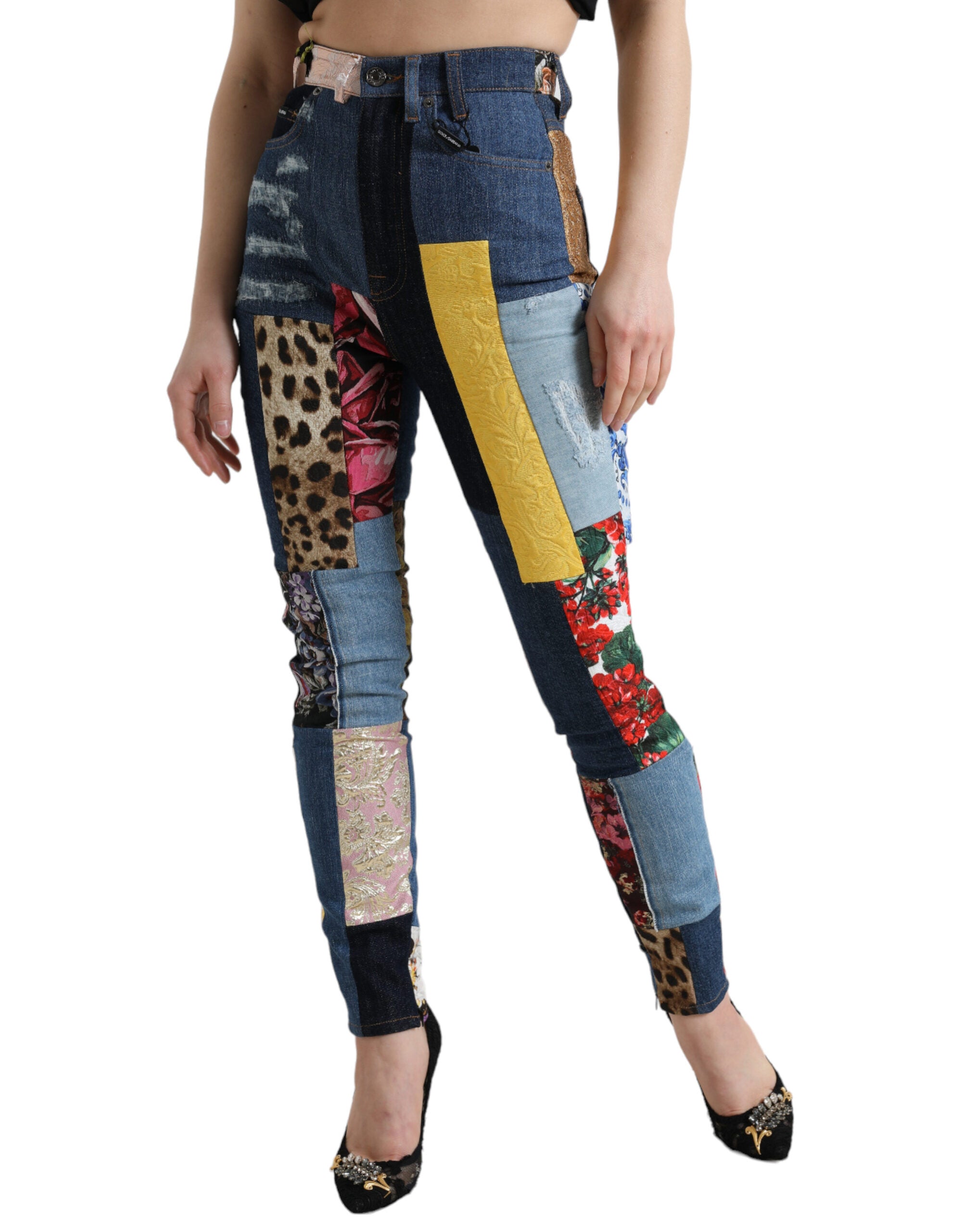 Multicolor patchwork GRACE skinny denim jeans by Dolce & Gabbana, featuring vibrant, mixed fabric patches and a fitted jean silhouette.