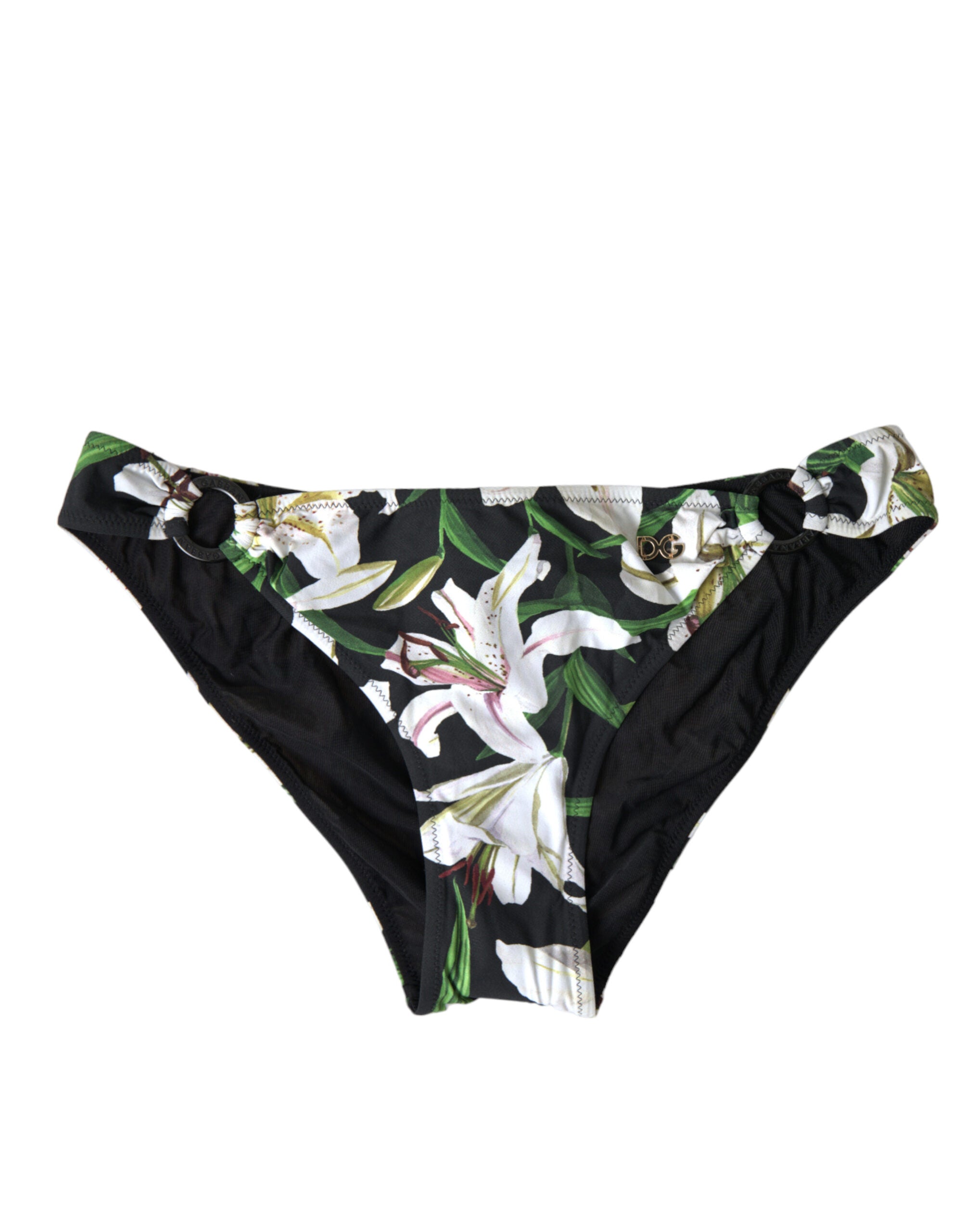 Black Lily print Dolce & Gabbana swimwear bikini bottom with floral design, perfect for beachwear and swimming.