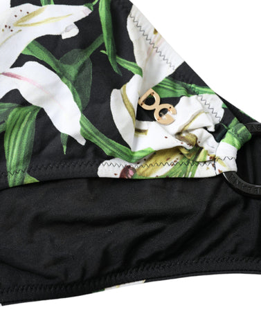 Dolce & Gabbana black lily print swimwear bottom, stylish beachwear bikini bottom with floral design, suitable for swimming and sunbathing.