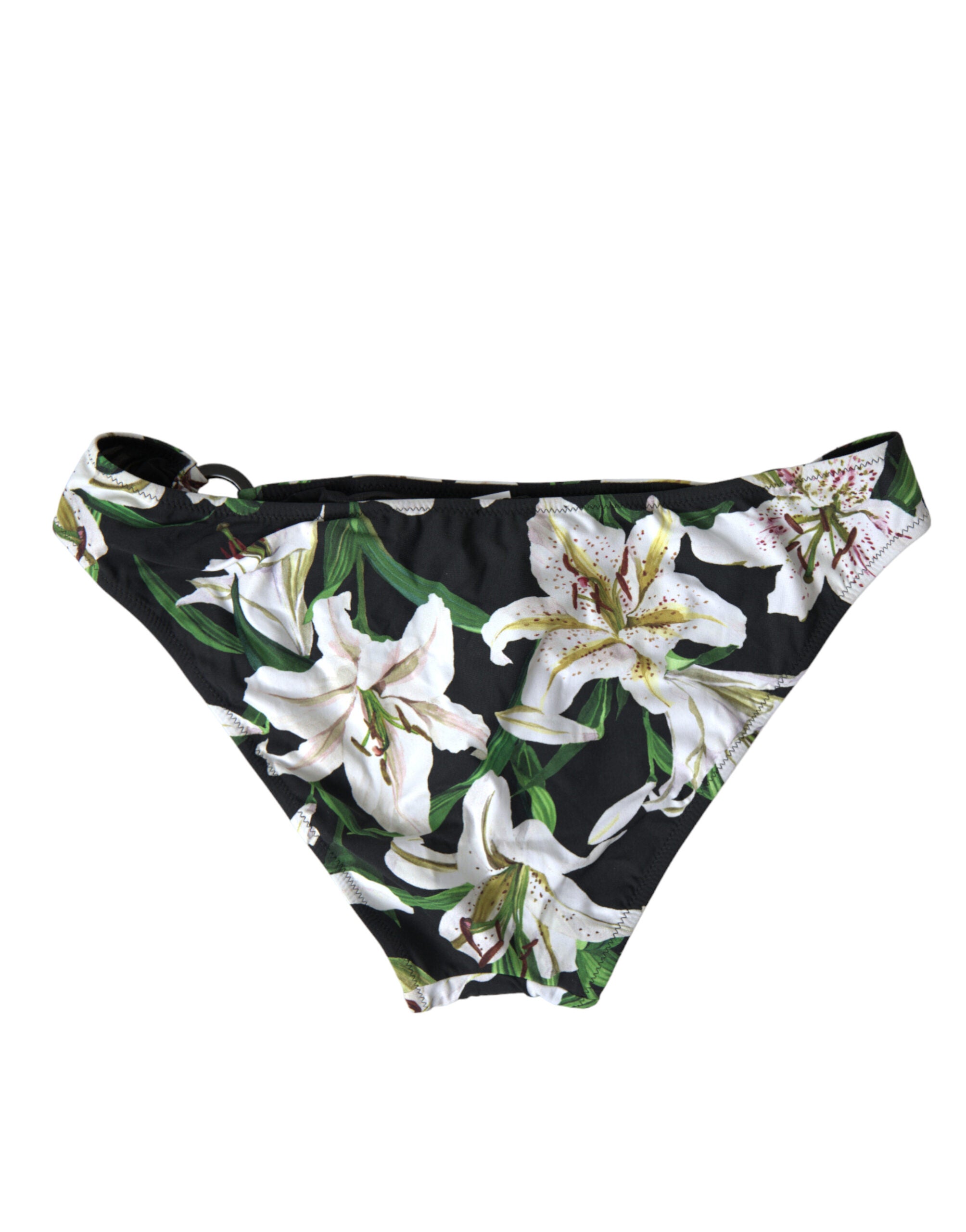 Black Lily print Dolce & Gabbana swimwear bikini bottom with floral design, ideal for beachwear and swim outings.