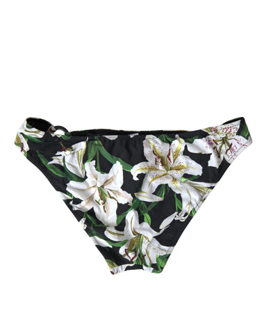 Black Lily print Dolce & Gabbana swimwear bikini bottom with floral design, ideal for beachwear and swim outings.