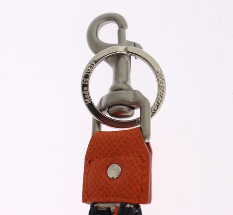Red and white raffia leather clasp keyring with Dolce & Gabbana branding, featuring a stylish leather and raffia finish.
