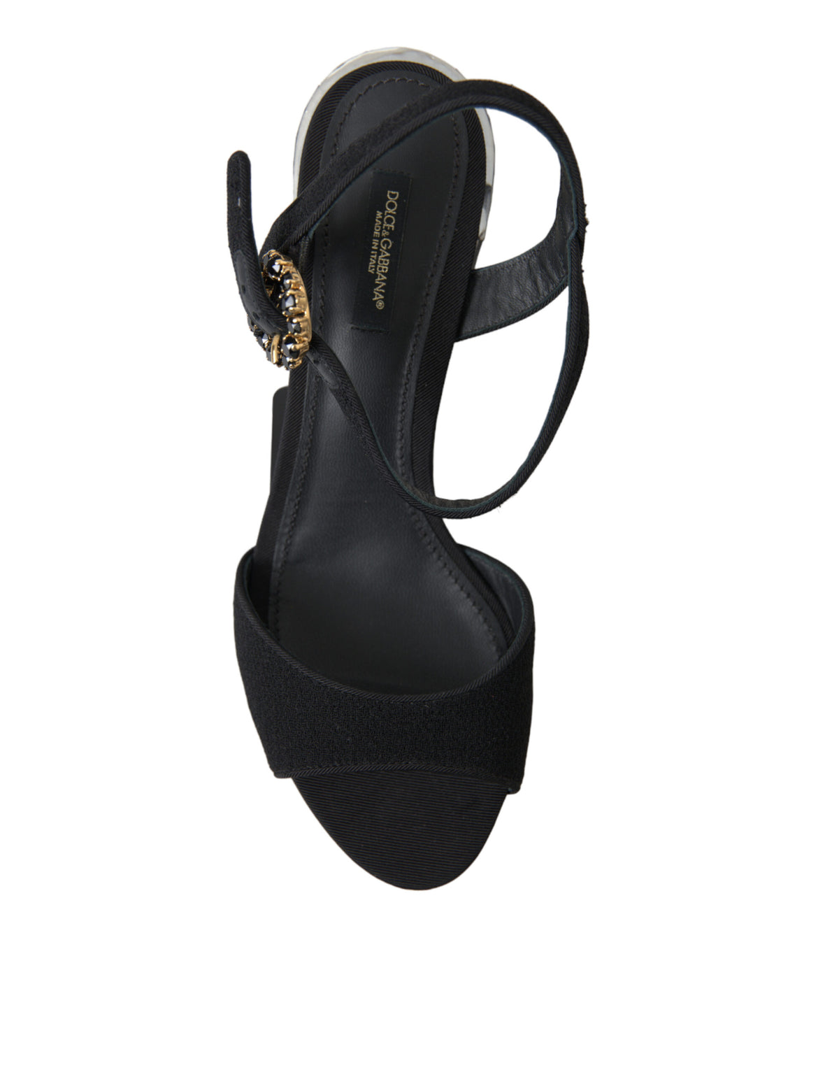 Dolce & Gabbana black crystal ankle strap sandals with open toe and high stiletto heel, stylish and elegant footwear.