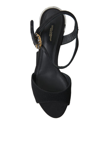 Dolce & Gabbana black crystal ankle strap sandals with open toe and high stiletto heel, stylish and elegant footwear.