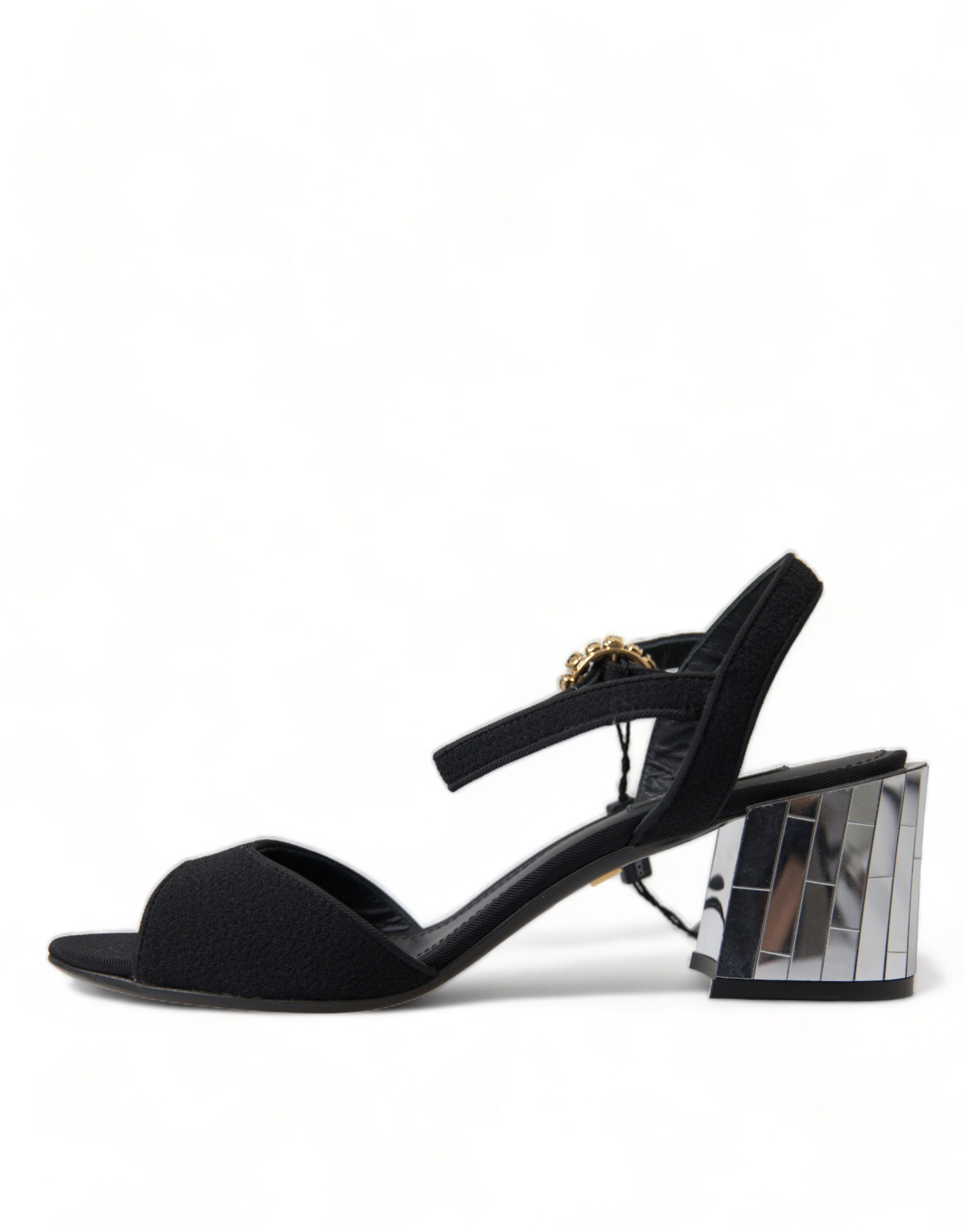 Dolce & Gabbana black crystals ankle strap sandals with open toe and stiletto heel, stylish footwear for elegant occasions.