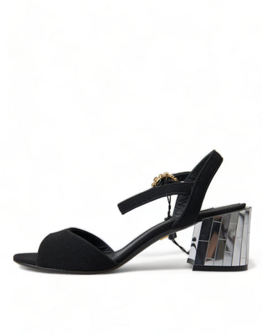 Dolce & Gabbana black crystals ankle strap sandals with open toe and stiletto heel, stylish footwear for elegant occasions.