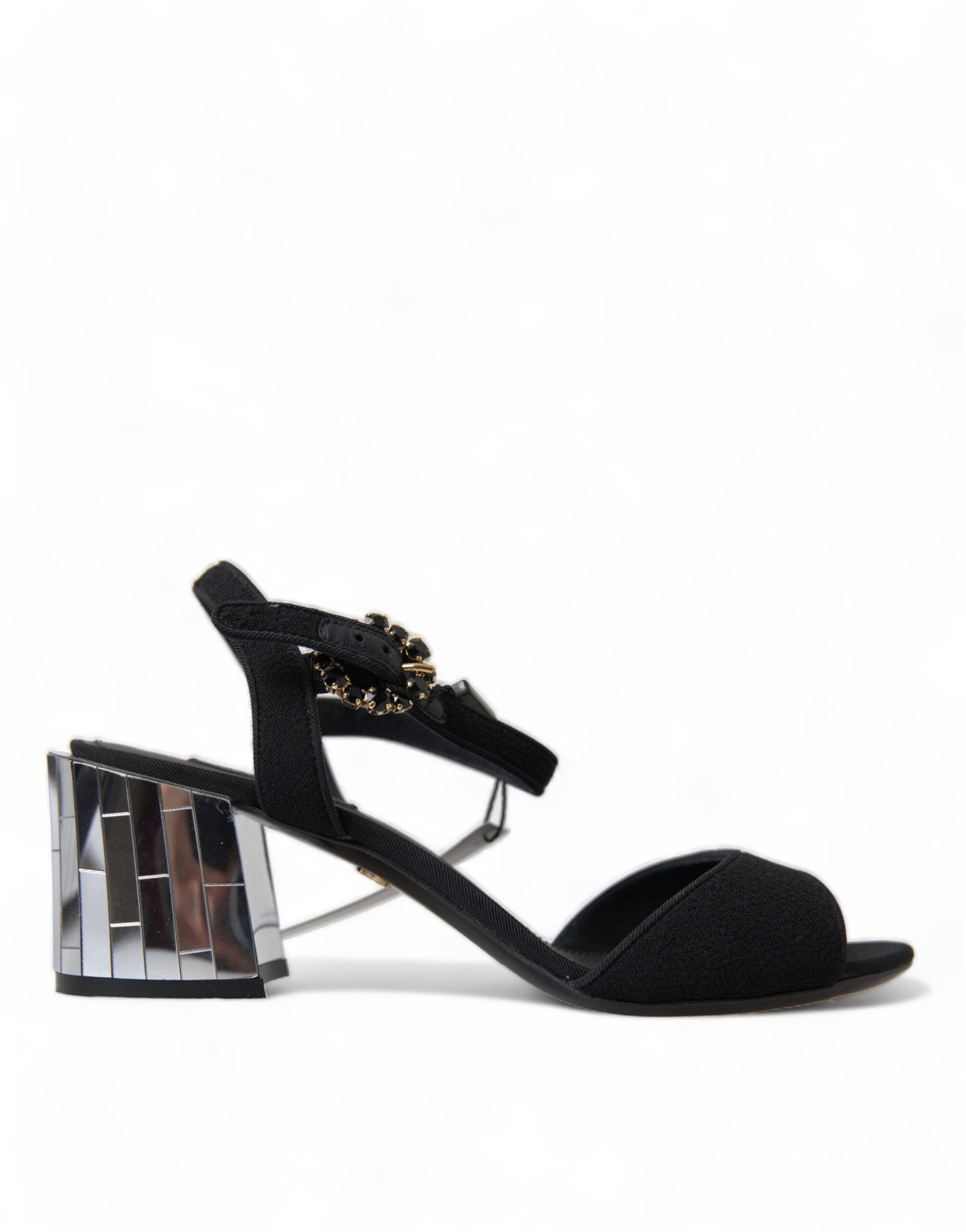 Dolce & Gabbana black crystals ankle strap sandals with open toe and high heel, stylish luxury footwear for women.