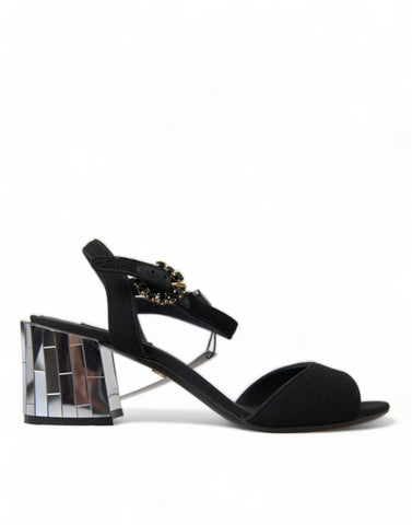 Dolce & Gabbana black crystals ankle strap sandals with open toe and high heel, stylish luxury footwear for women.
