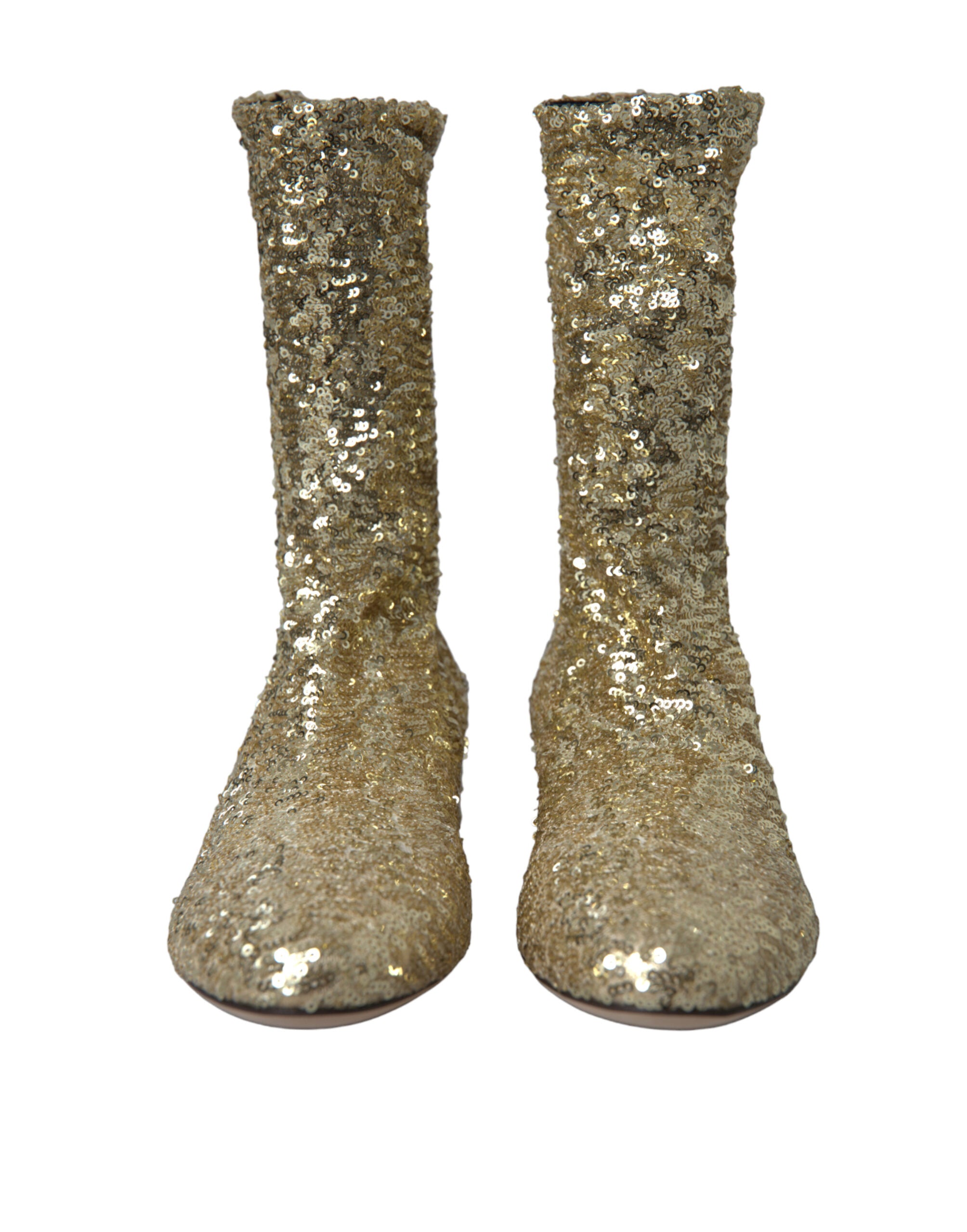 Gold sequined Dolce & Gabbana short stretch boots with pointed toes and sleek design, perfect for stylish occasions.