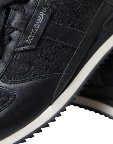 Black floral lace leather sneakers from Dolce & Gabbana with intricate lace detailing and stylish athletic design