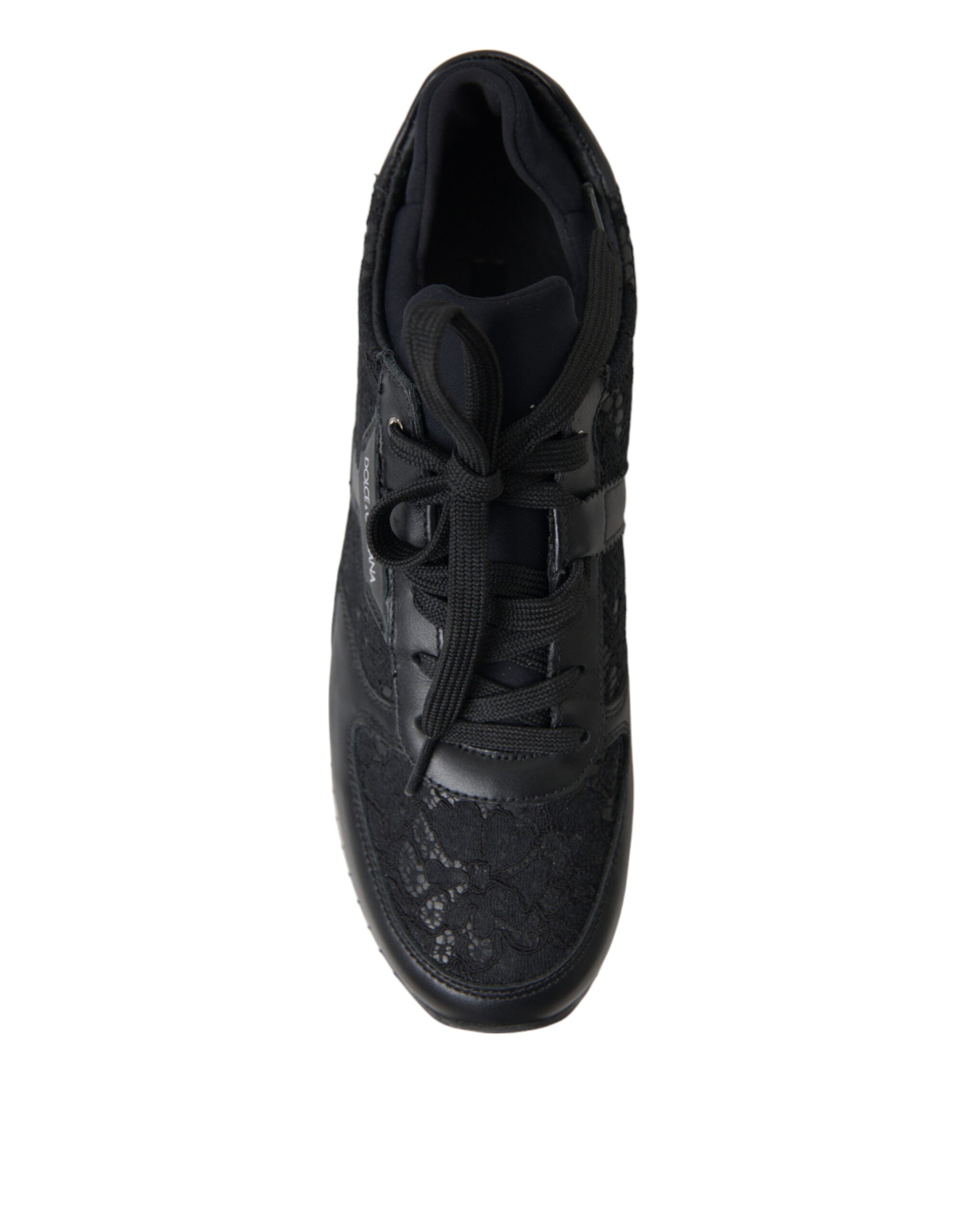 Dolce & Gabbana black floral lace leather sneakers with intricate lace detailing and sleek sneaker design.