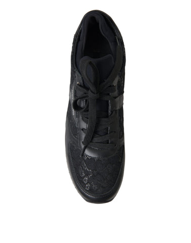 Dolce & Gabbana black floral lace leather sneakers with intricate lace detailing and sleek sneaker design.