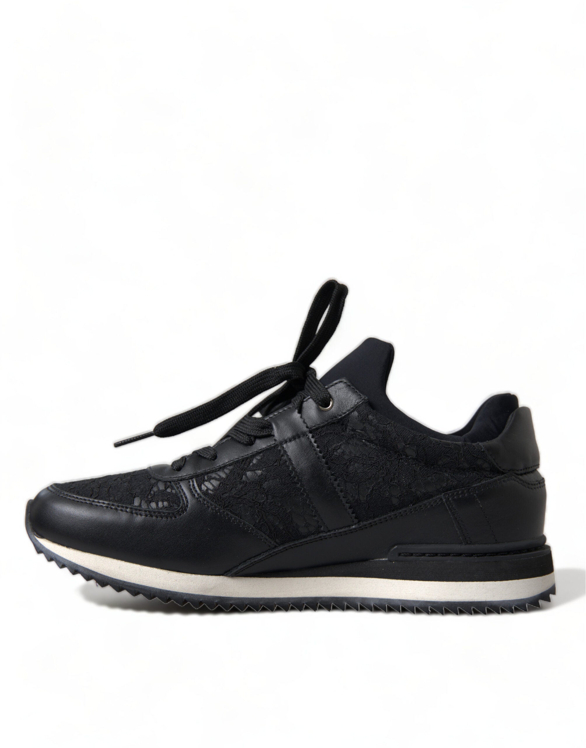 Black floral lace leather sneakers from Dolce & Gabbana with intricate lace details and stylish sneaker design.