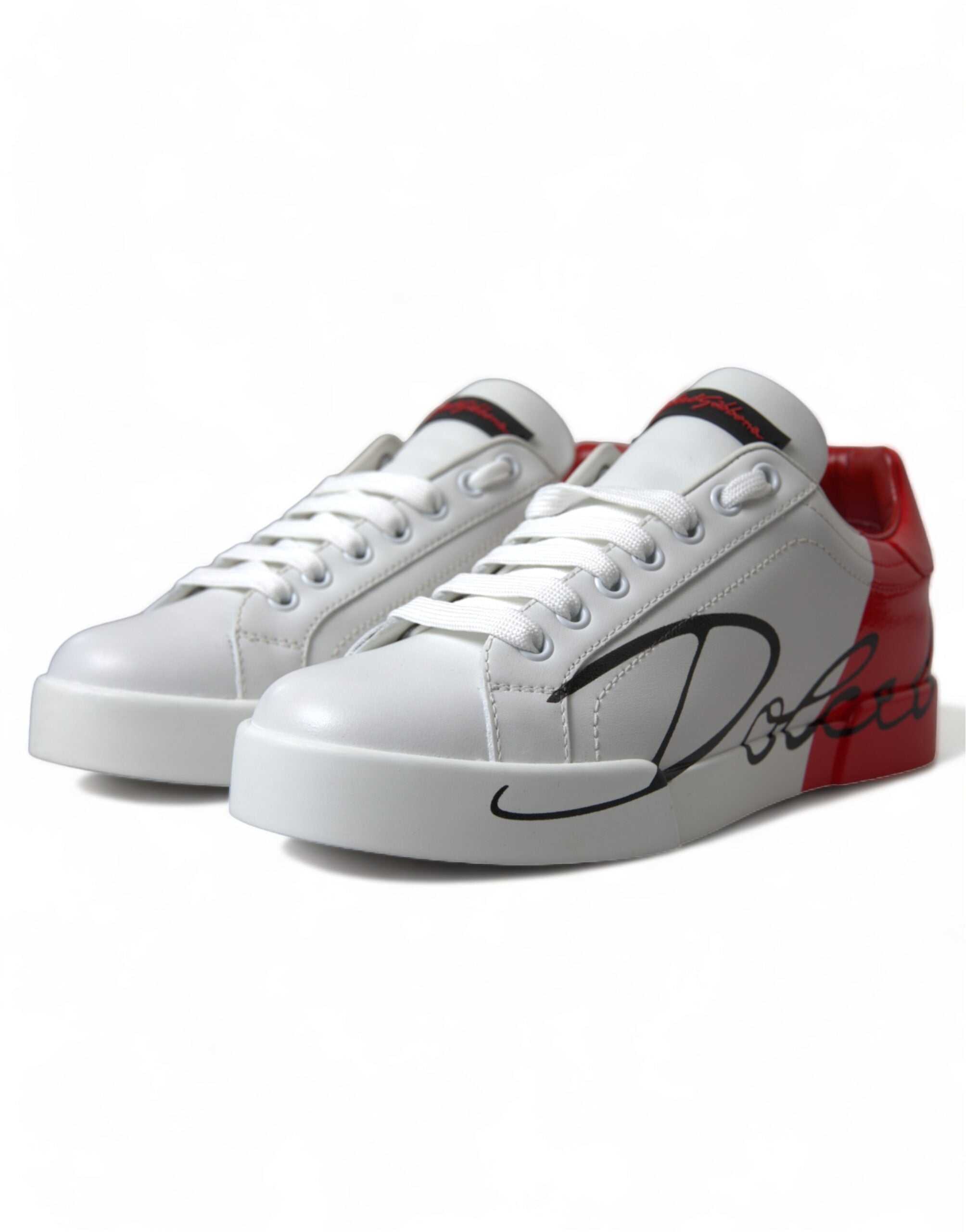 White and red lace-up women's low top sneakers by Dolce & Gabbana with stylish design and comfortable fit.