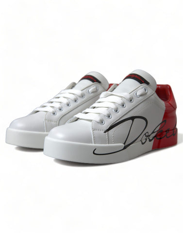White and red lace-up women's low top sneakers by Dolce & Gabbana with stylish design and comfortable fit.