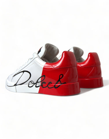 White and red lace-up women's low top sneakers by Dolce & Gabbana, showcasing stylish shoe design with contrasting colors.