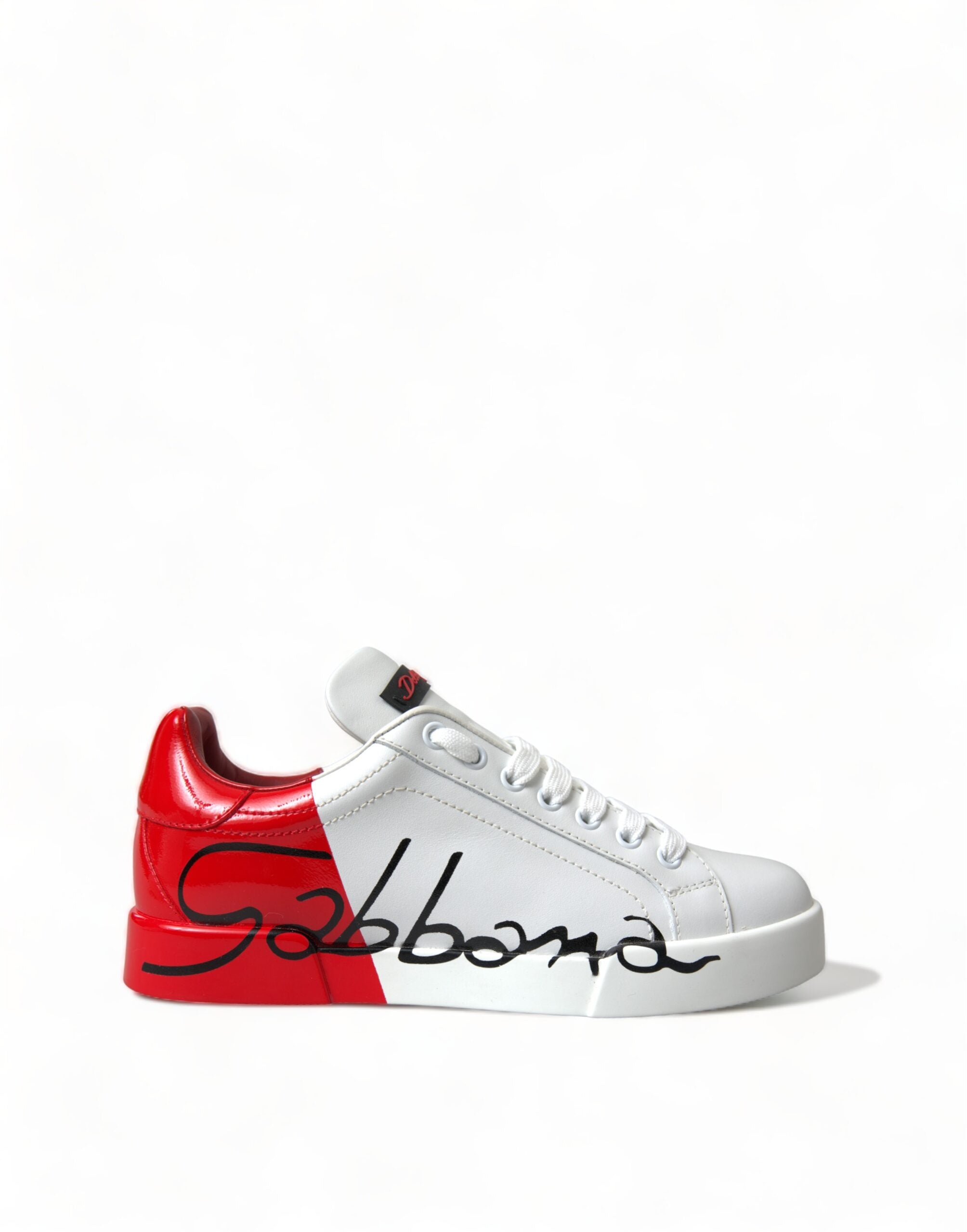 White and red lace-up low top sneakers for women by Dolce & Gabbana, featuring stylish design and comfortable fit.